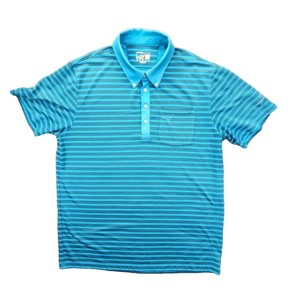 Puma Polo Shirt Mens XL Blue Striped Golf DryCell Sport Pocket Short Ironridge
